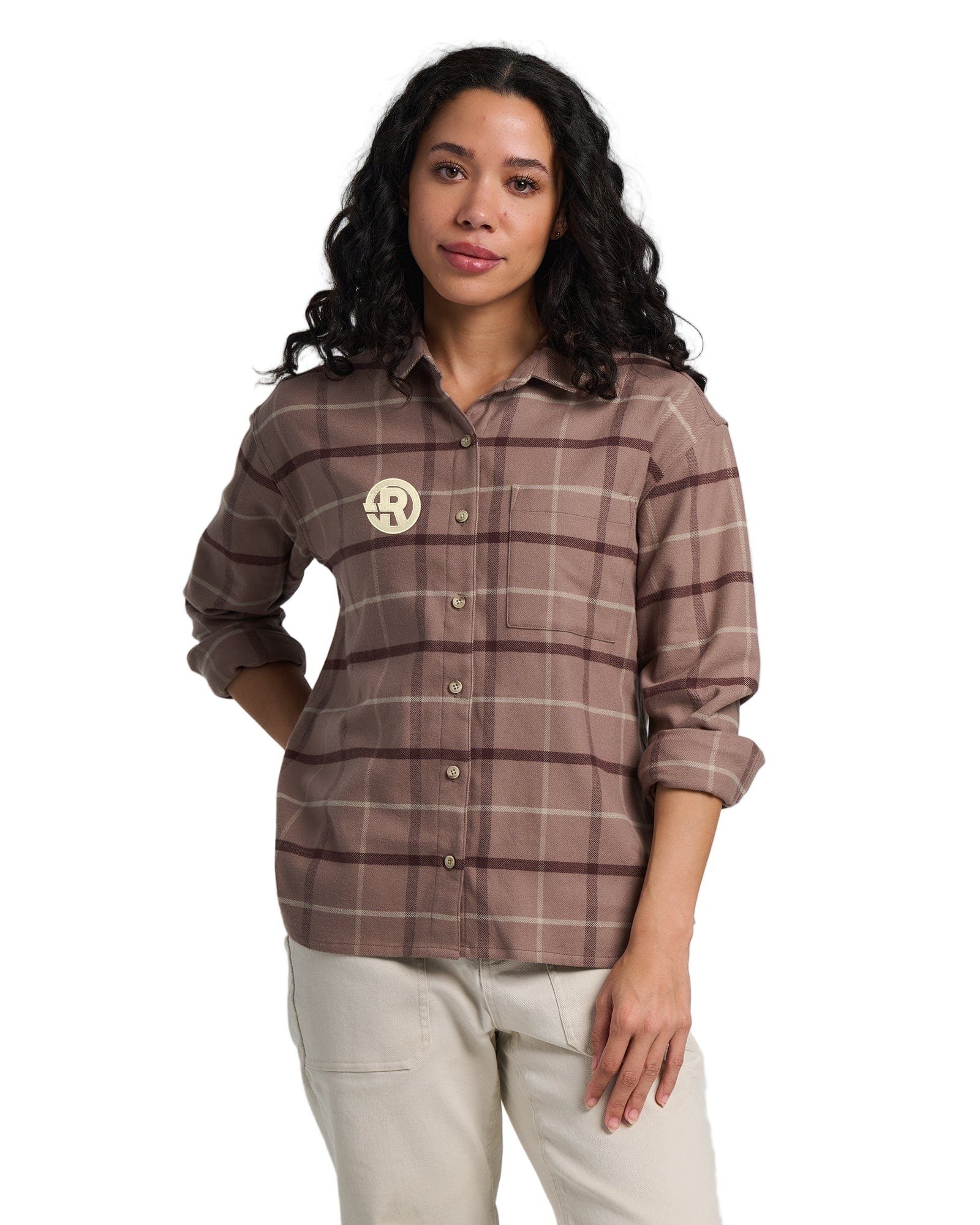Free Fly - Women's Seawool Flannel Shirt in Fossil Plaid with Beige RAWSO logo